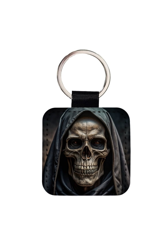 Close-Up Of Grim Reaper Skull Face Halloween Faux Leather Square Keychain