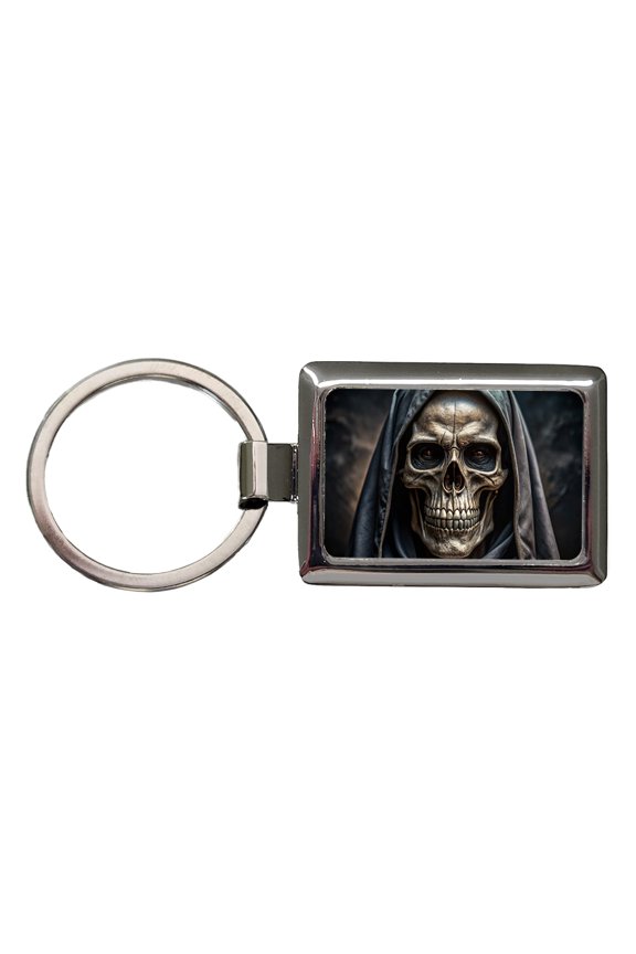 Close-Up Of Grim Reaper Skull Face Halloween Metal Rectangle Keychain