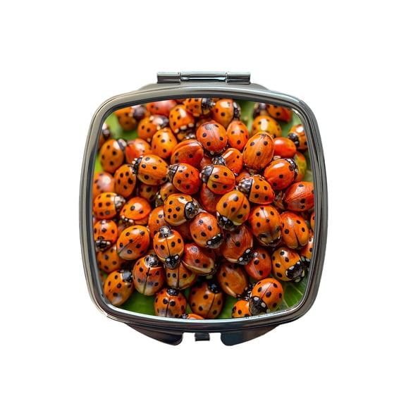 Close-Up Of Ladybugs Covering Leaf Travel Makeup Handbag Purse Small Pocket Compact Mirror