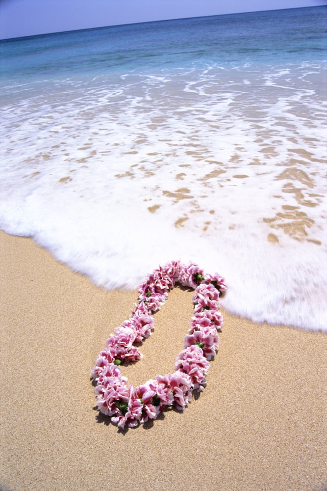Close-Up Of Pink Lei In Sand On Beach Foaming Shore Waters Blue Sky Canvas Art - Bill Brennan  Design Pics (24 x 38)