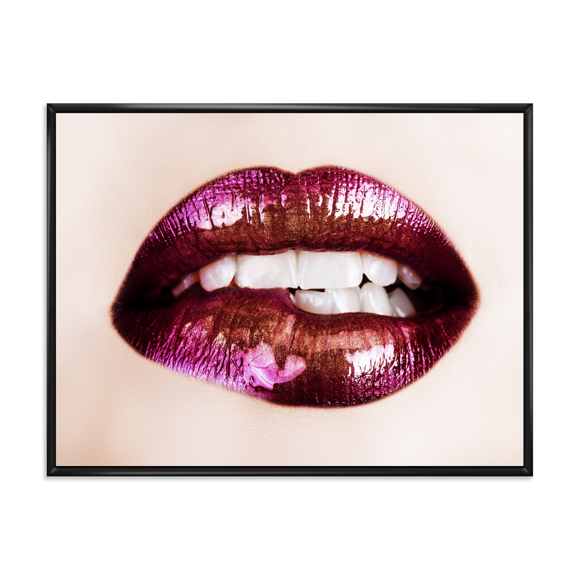 Close-Up Of Purple Female Lips 32" x 16" Framed Photography Canvas Art Print, by Designart