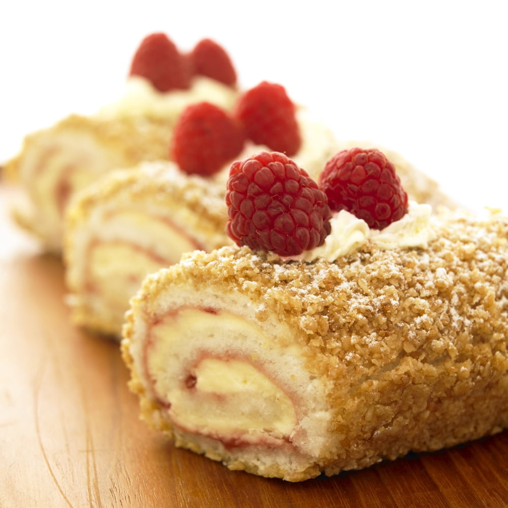Close-Up Of Three Raspberry Vanilla Jellyrolls With Raspberries On Top Canvas Art - Works Photography Design Pics (24 x 24)