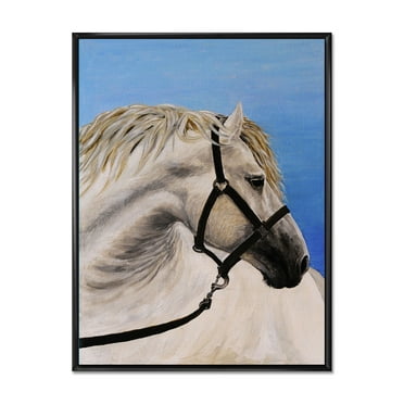 Close Up Of White Horse In The Furrow 12 in x 20 in Framed Painting Canvas Art Print, by Designart