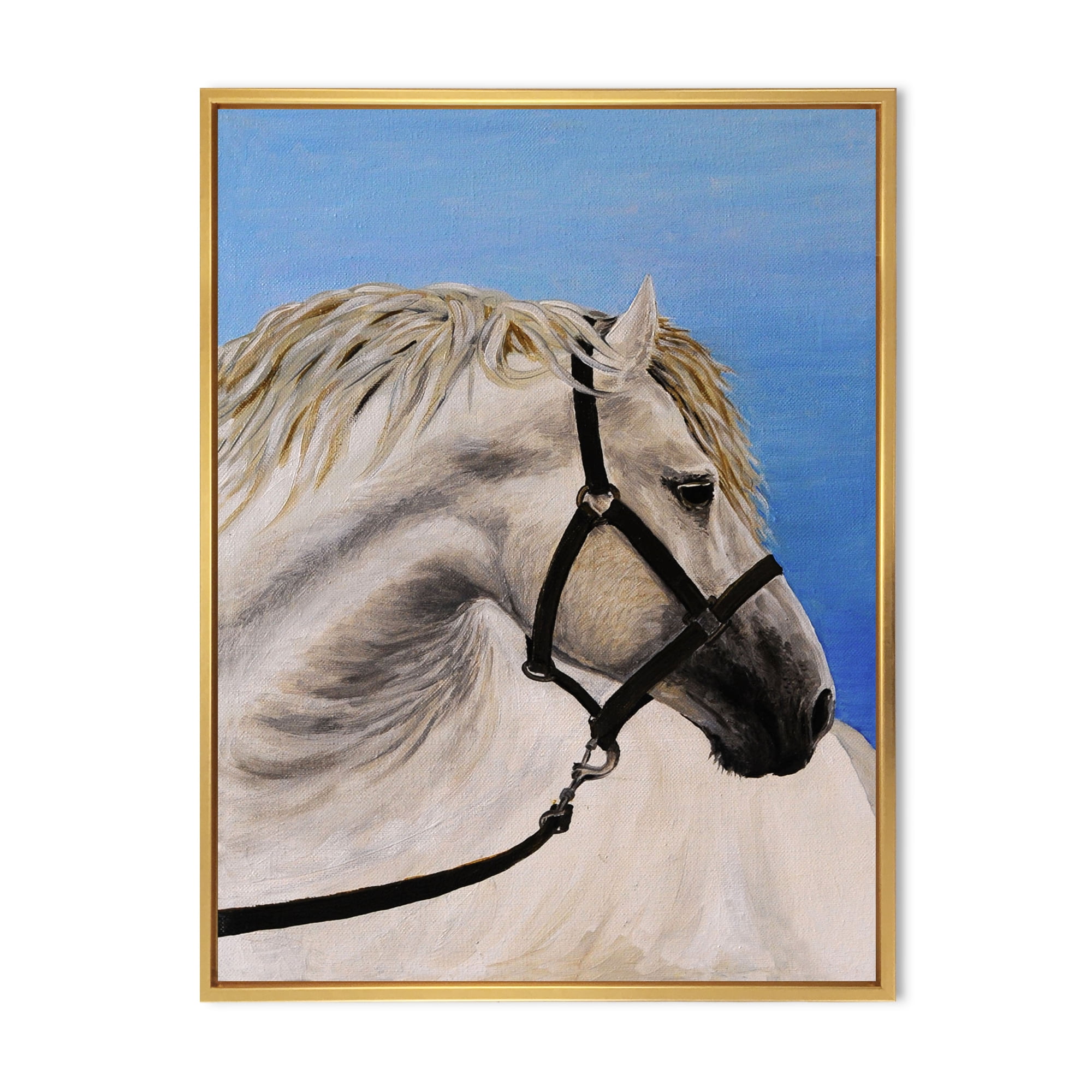 Close Up Of White Horse In The Furrow 24 in x 32 in Framed Photography Canvas Art Print, by Designart