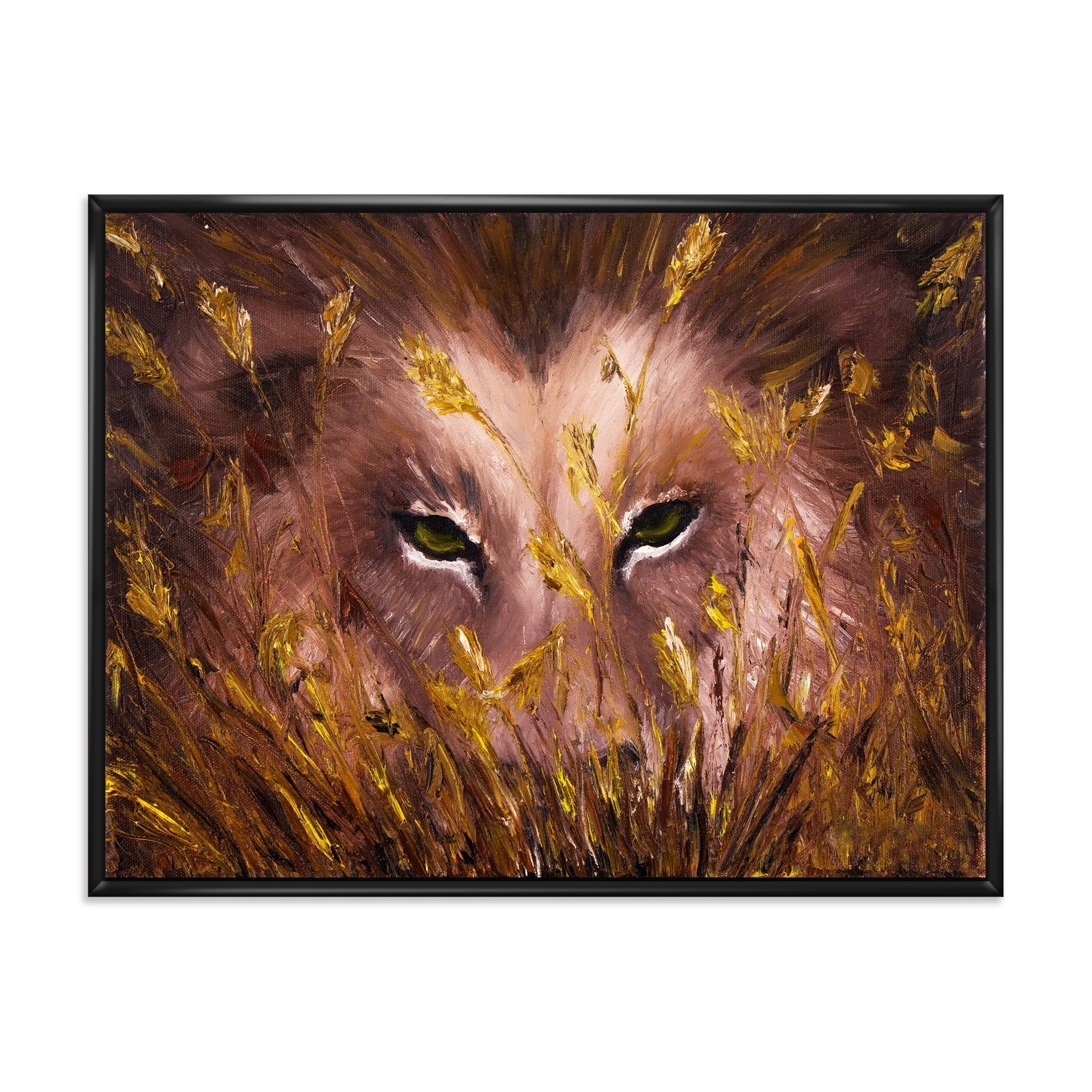 Close Up Of Wolf Eyes In The Grass 32 in x 16 in Framed Photography Canvas Art Print, by Designart
