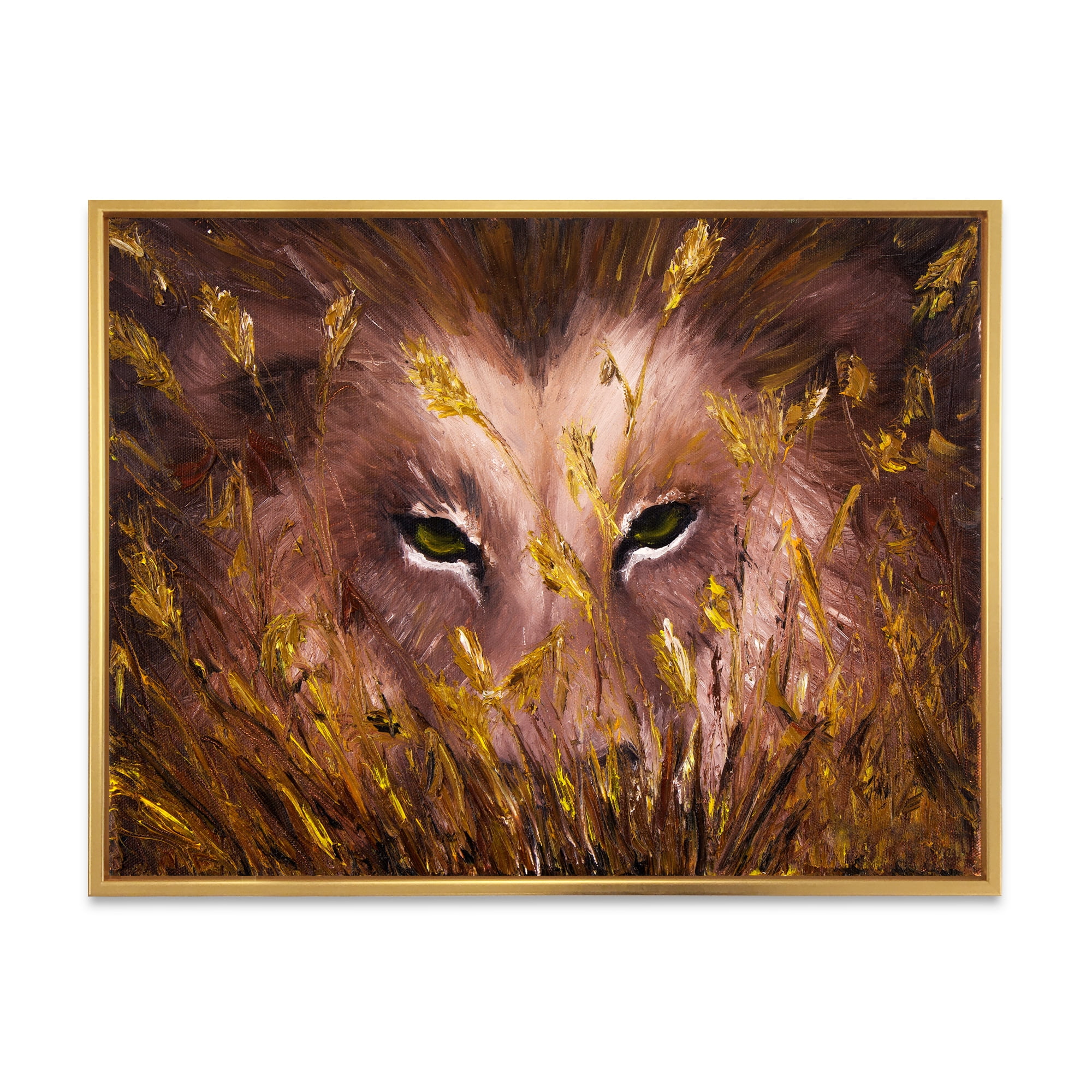Close Up Of Wolf Eyes In The Grass 40 in x 30 in Framed Painting Canvas Art Print, by Designart