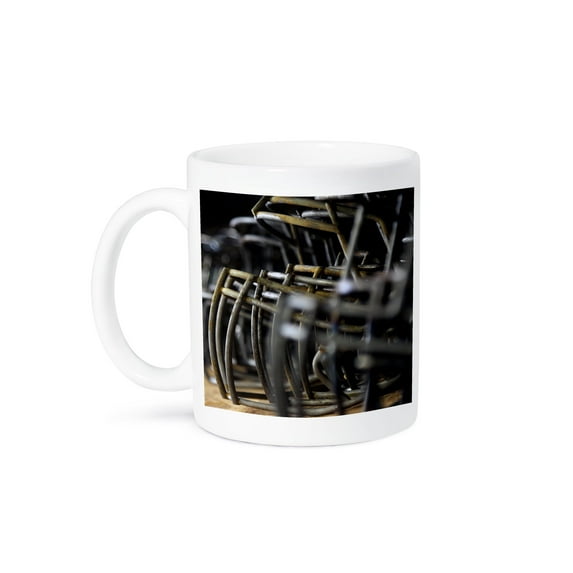 3drose, Close Up Photograph of Bare Metal Football Facemask Lined Up., 11oz Mug