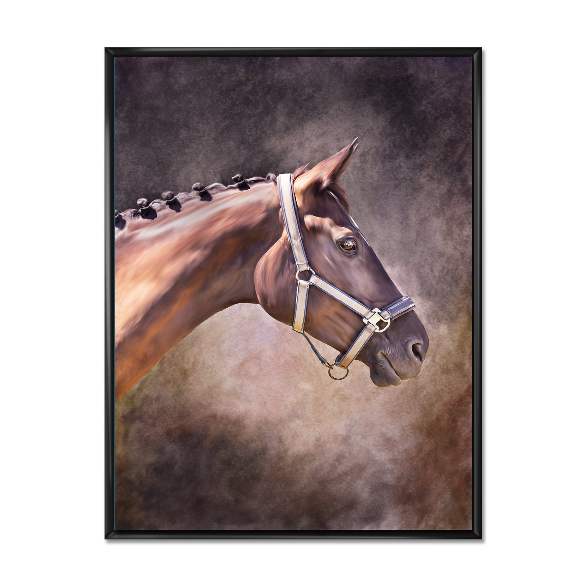 Close Up Portrait Of Brown Horse 16 in x 32 in Framed Painting Canvas Art Print, by Designart