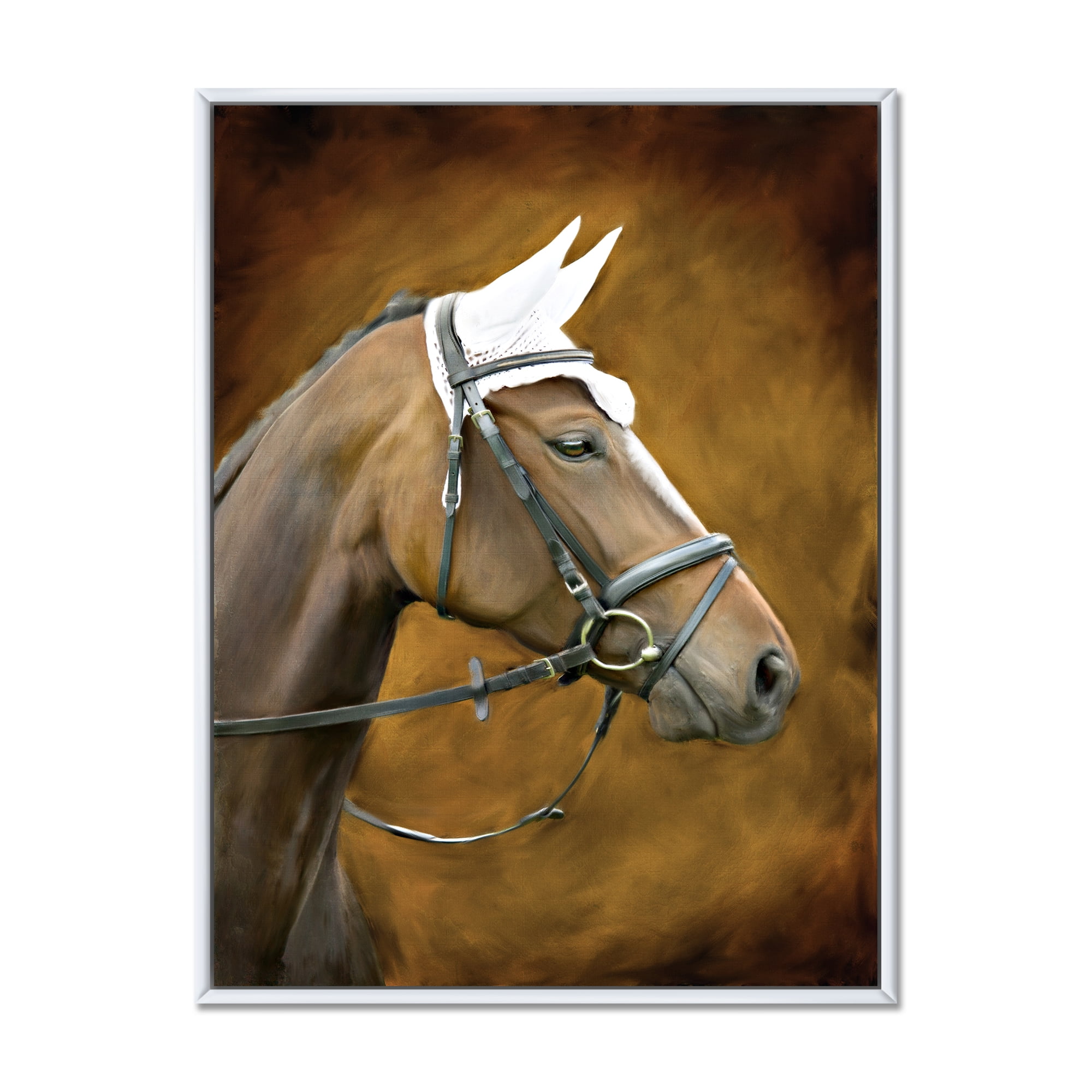 Close Up Portrait Of Brown Horse With White Ears 12 in x 20 in Framed Photography Canvas Art Print, by Designart