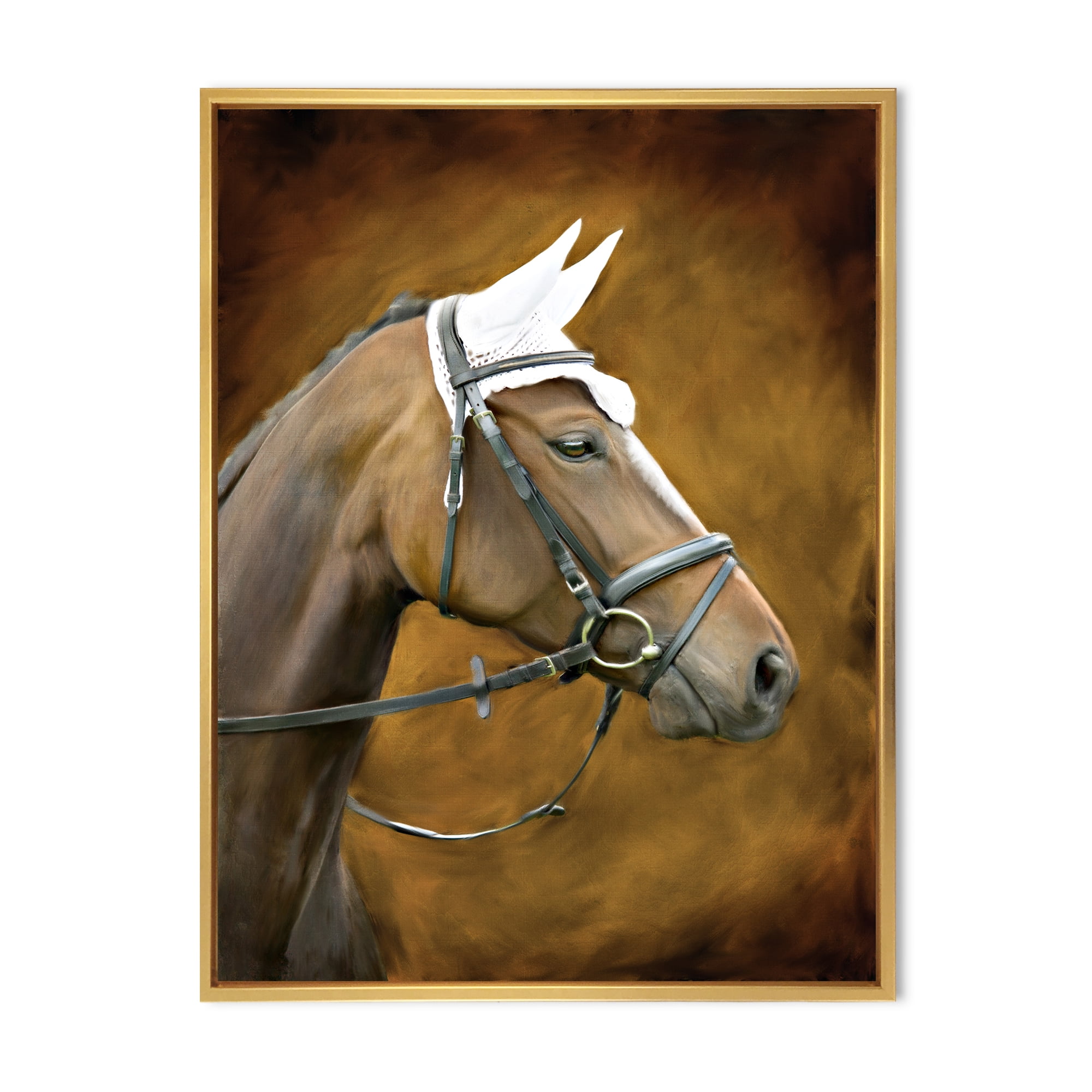 Close Up Portrait Of Brown Horse With White Ears 24 in x 32 in Framed Painting Canvas Art Print, by Designart