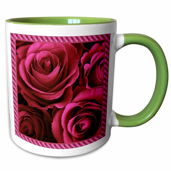 3drose, Close up Scene of Dreamy Rich Red Roses Surrounded by a Striped Frame, 15oz Two-tone Green Mug