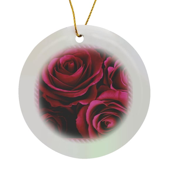 3drose, Close up Scene of Dreamy Rich Red Roses Surrounded by a Striped Frame, Circle Porcelain Ornament
