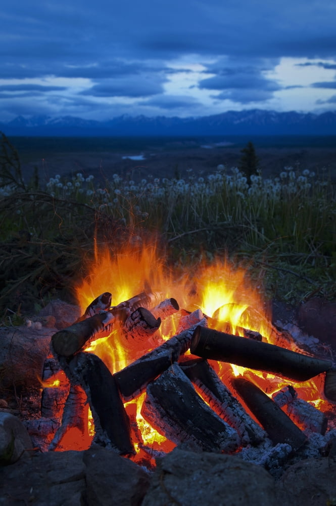 Close-Up View Of A Camp Fire With A View Of The Chugach Mountain In The Distance Wrangell St Elias National Park & Preserve Southcentral Alaska Canvas Art - Sunny Awazuhara- Reed Design Pics (22 x 34