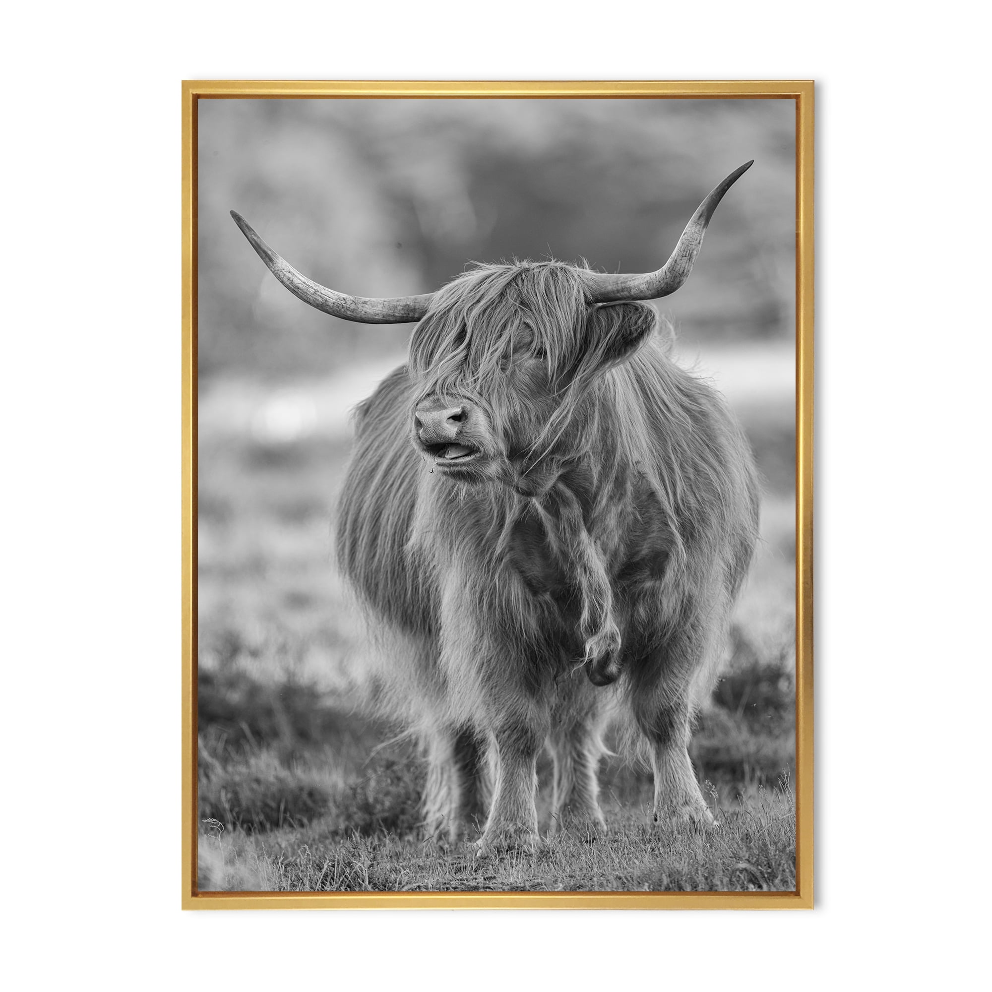 Close Up View of Monochrome Bull 24 in x 32 in Framed Painting Canvas Art Print, by Designart