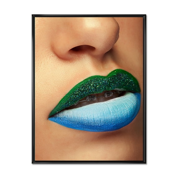 Close Up Woman Lips With Fashion Make Up and Brackets 12 in x 20 in Framed Photography Canvas Art Print, by Designart