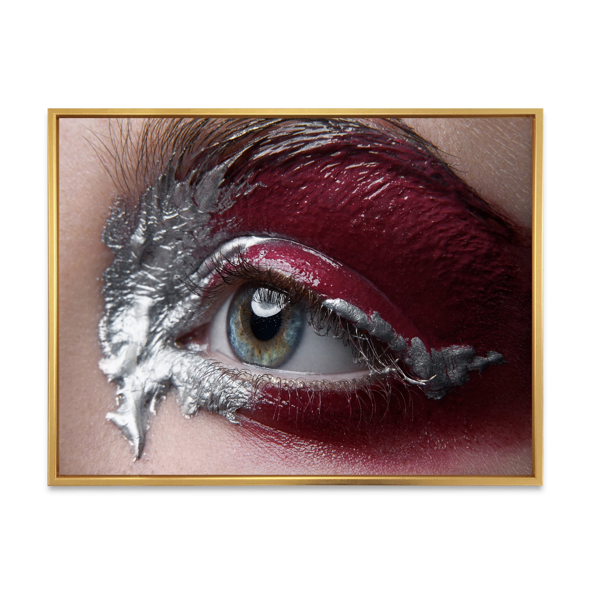 Close Up of A Woman Eye With Red Makeup On 40 in x 30 in Framed Photography Canvas Art Print, by Designart