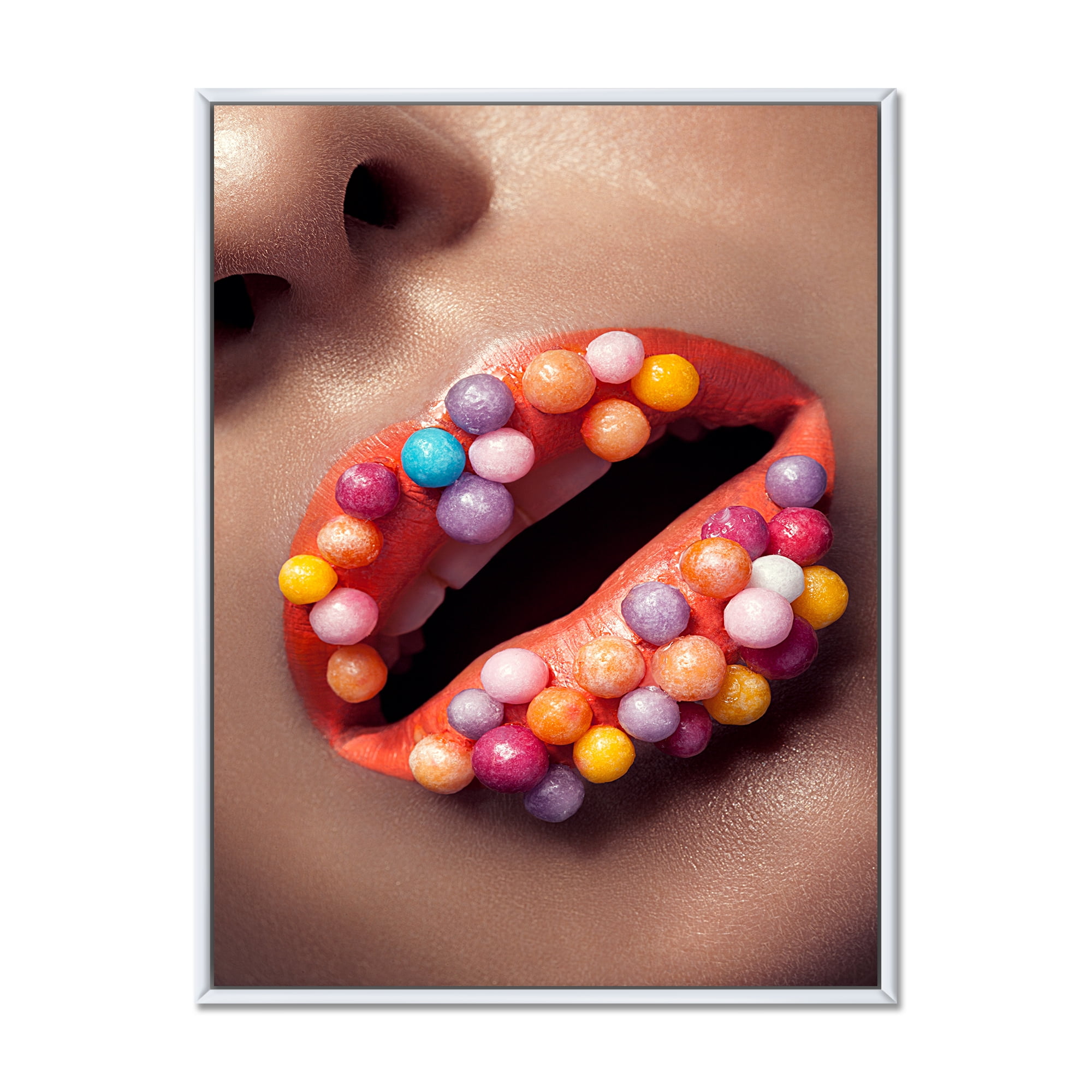 Close Up of Creative Make Up On Woman Lips With Lolipops 24 in x 32 in Framed Painting Canvas Art Print, by Designart