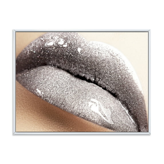 Close Up of Female Lips With Glittering Silver 32 in x 16 in Framed Painting Canvas Art Print, by Designart