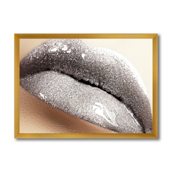 Close Up of Female Lips With Glittering Silver 32 in x 16 in Framed Photography Canvas Art Print, by Designart