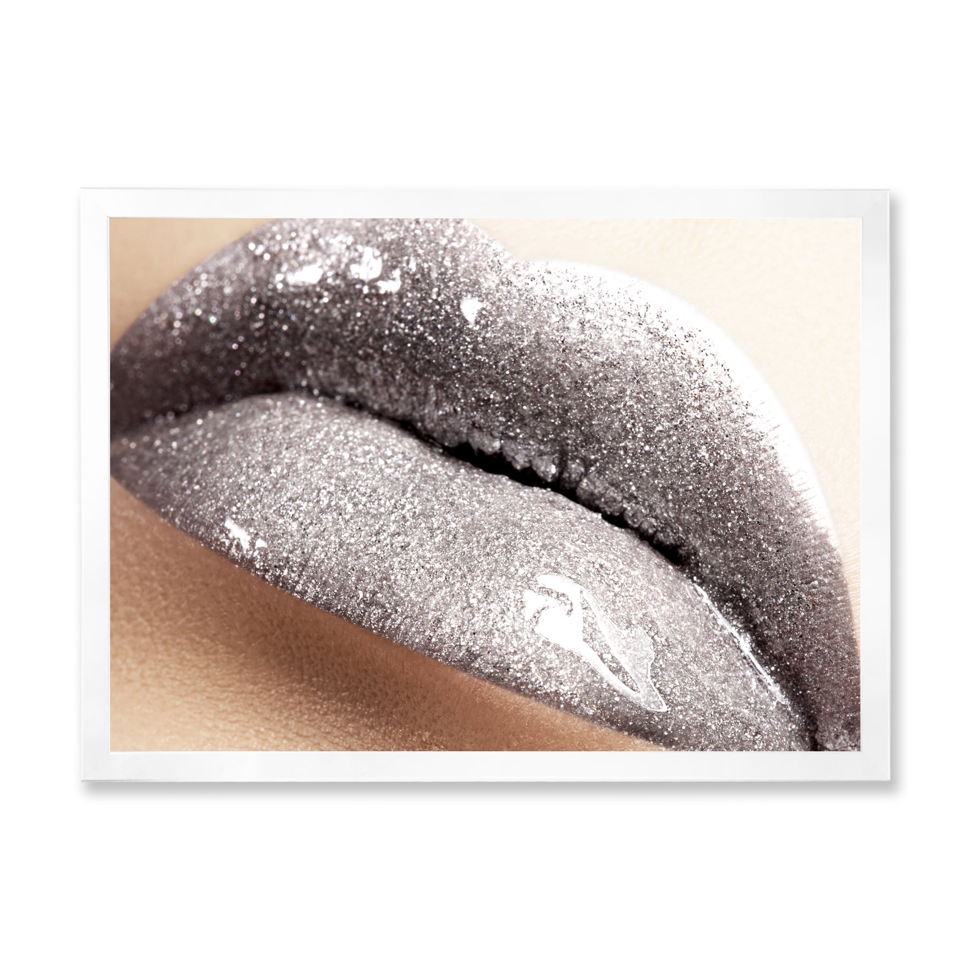 Close Up of Female Lips With Glittering Silver 32 in x 24 in Framed Photography Canvas Art Print, by Designart