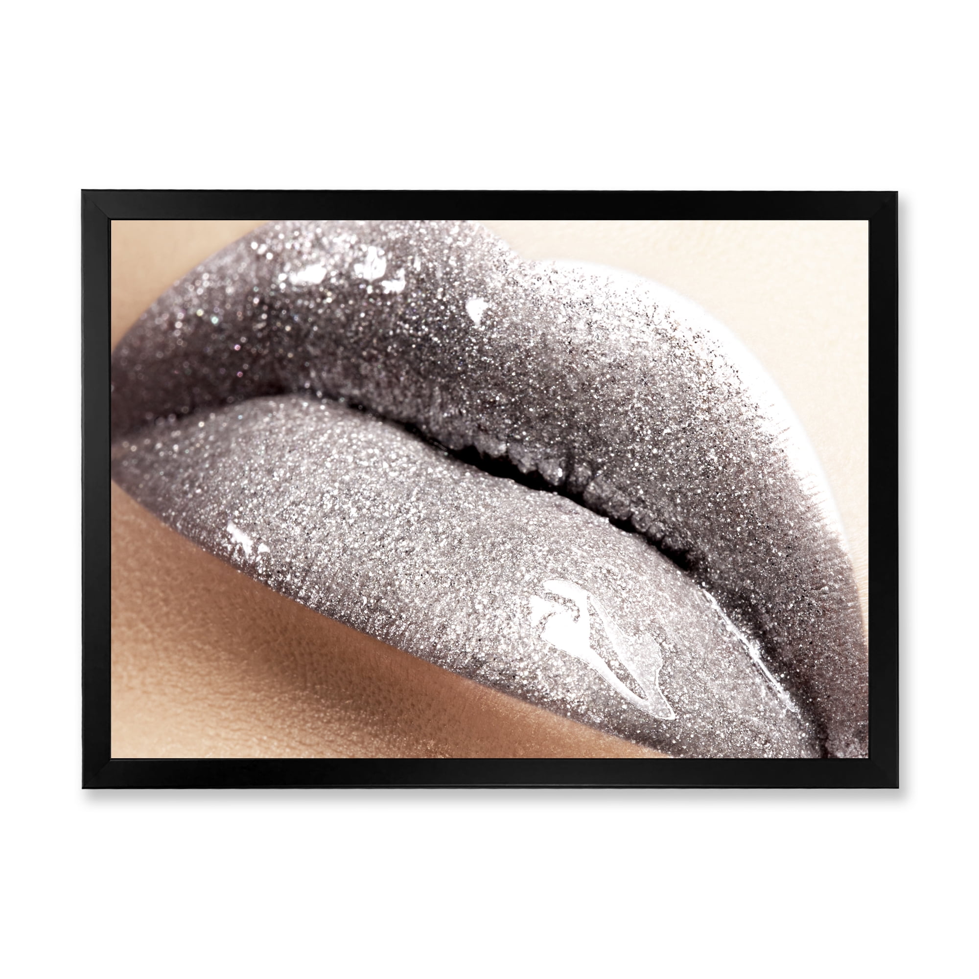 Close Up of Female Lips With Glittering Silver 32 in x 24 in Framed Photography Canvas Art Print, by Designart