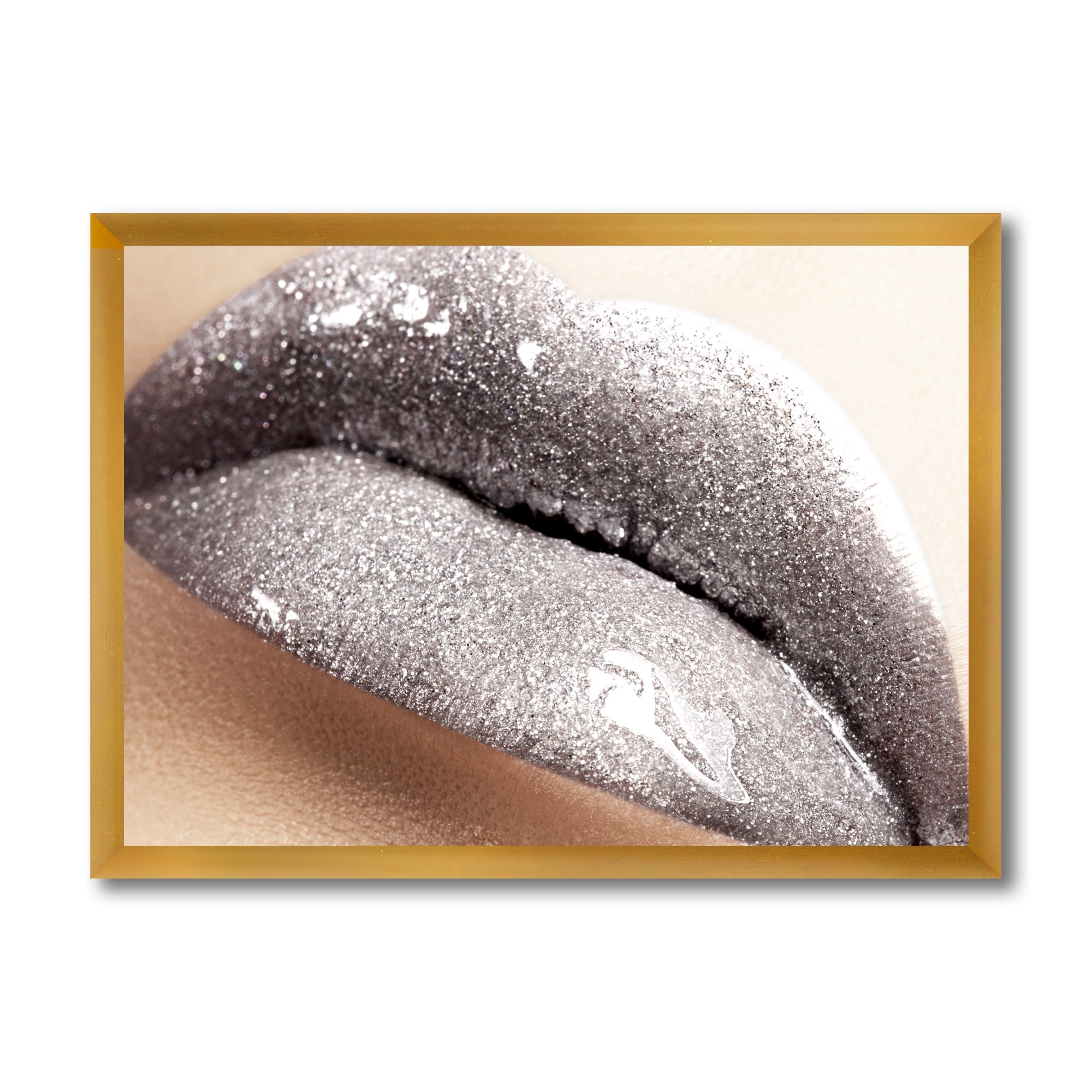 Close Up of Female Lips With Glittering Silver 40 in x 30 in Framed Photography Canvas Art Print, by Designart