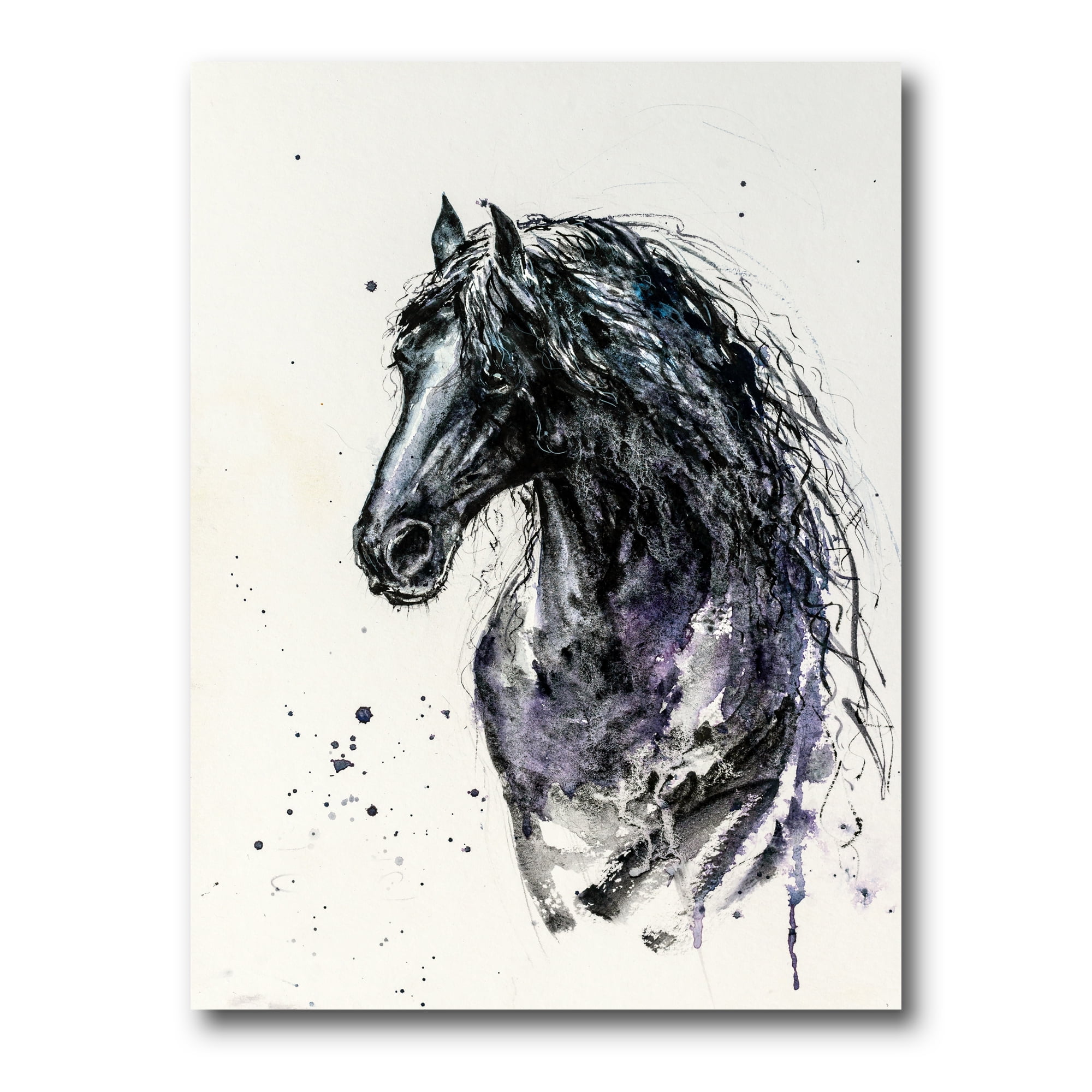 Close Up of Friesian Horse With Long Manes 8 in x 12 in Painting Canvas Art Print, by Designart