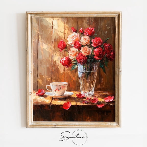 Close-Up of Roses with Teacup, Romantic Valentines Day Art, Moody Cottagecore Floral Decor, Rustic, Wall Art 3559 Unframed Paper Print