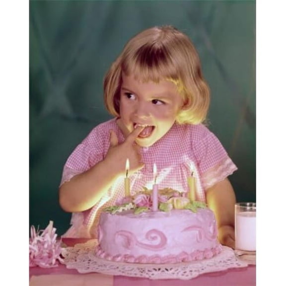 Close-Up of a Girl Licking the Icing of a Birthday Cake Poster Print - 18 x 24 in.