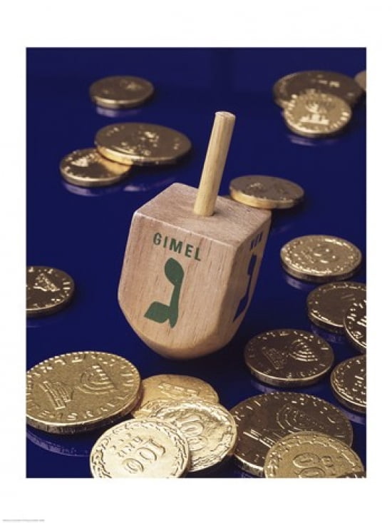 Close-up of a Hanukkah dreidel with Hanukkah gelts Canvas Art - (18 x 24)