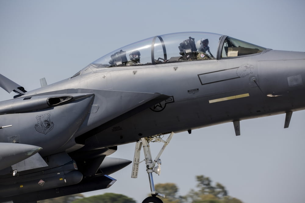 Close-up of a US Air Force F-15E Strike Eagle taking off Canvas Art - Timm ZiegenthalerStocktrek Images (17 x 12)