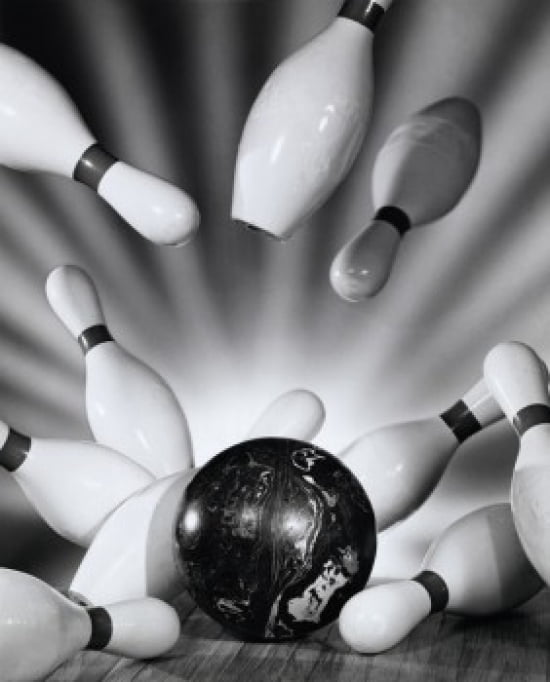 Close-up of a bowling ball hitting bowling pins Canvas Art - (18 x 24)
