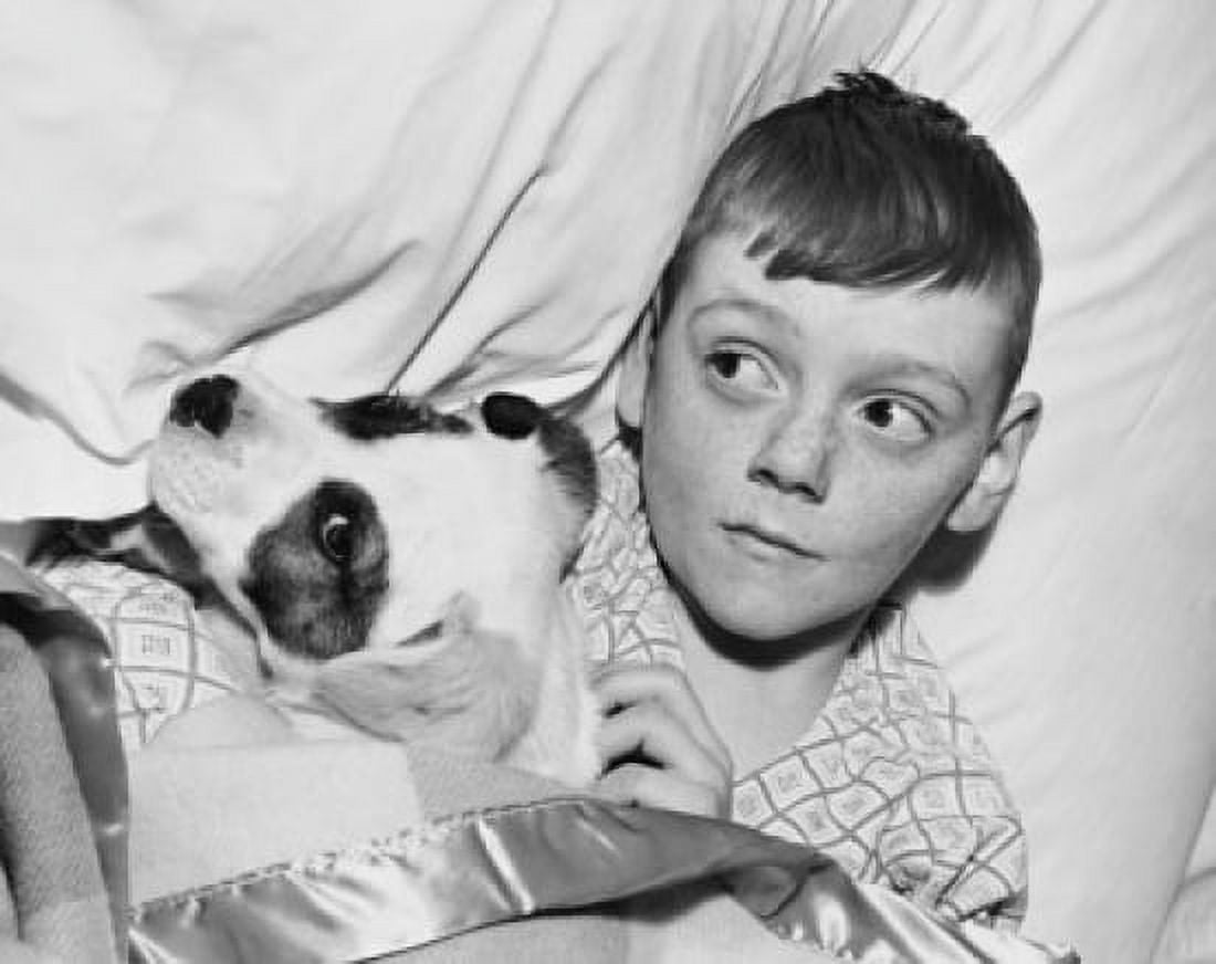 Close-up of a boy lying with his puppy on a bed Canvas Art - (24 x 36)