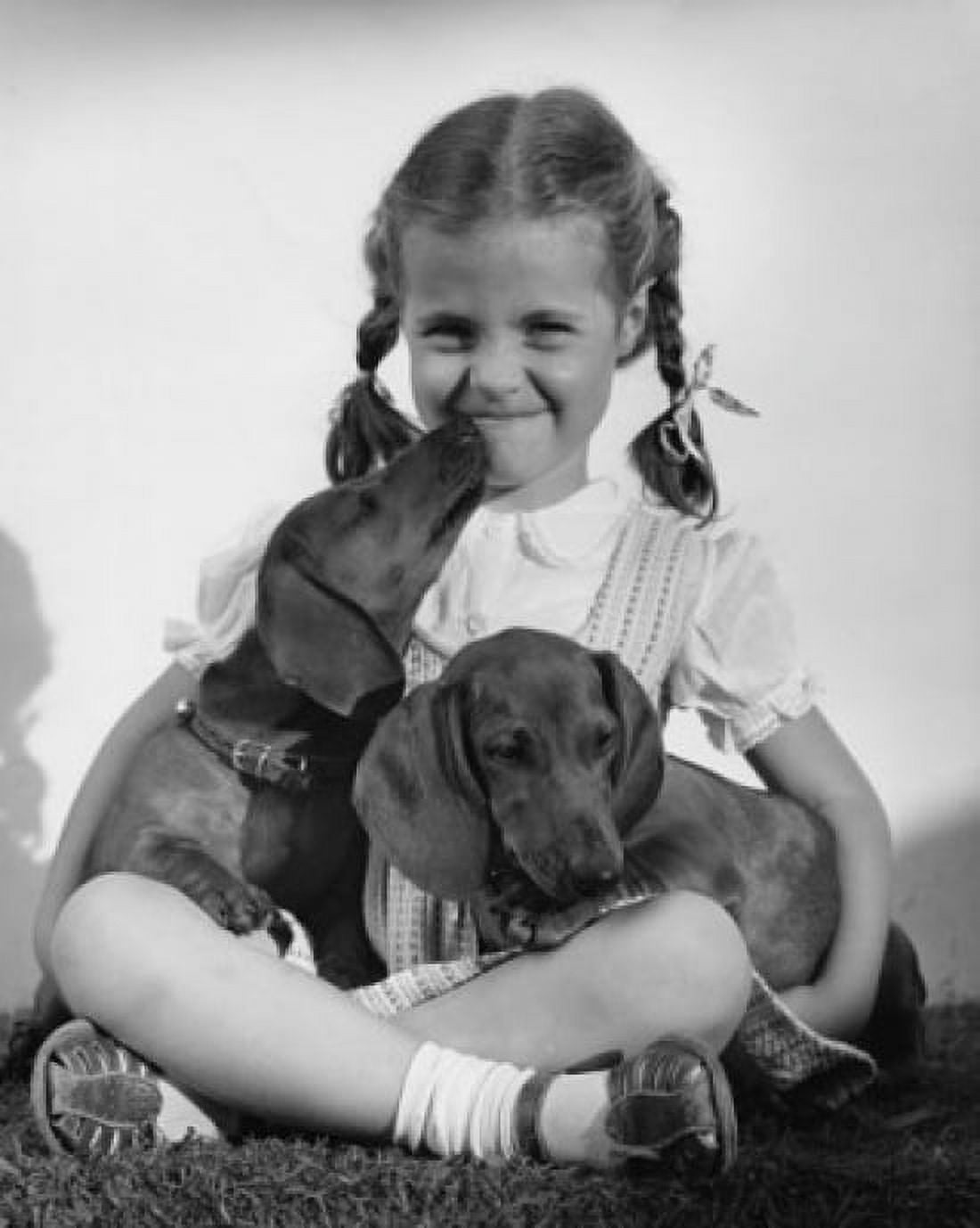 Close-up of a girl sitting and holding two Dachshund puppies Canvas Art - (18 x 24)