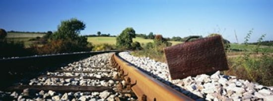 Close-up of a suitcase on a railroad track Germany Canvas Art - Panoramic Images (30 x 12)