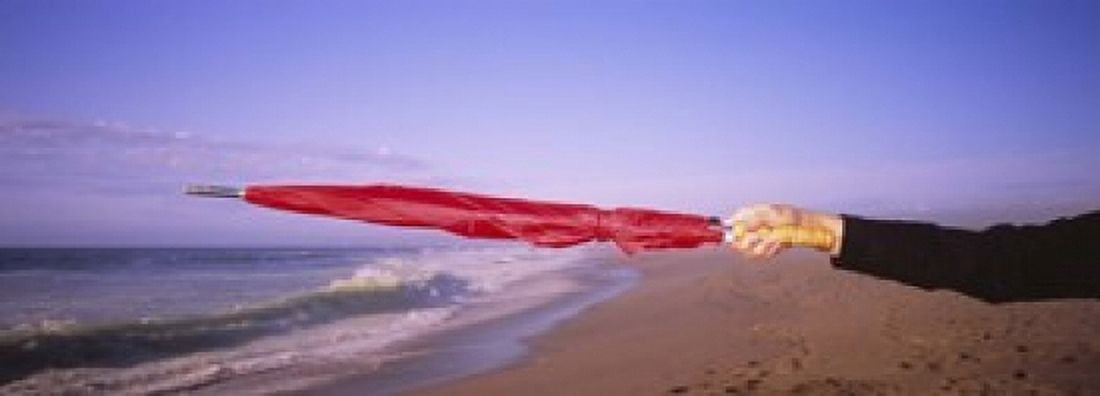 Close-up of a womans hand pointing with a red umbrella Point Reyes National Seashore California USA Canvas Art - Panoramic Images (18 x 7)