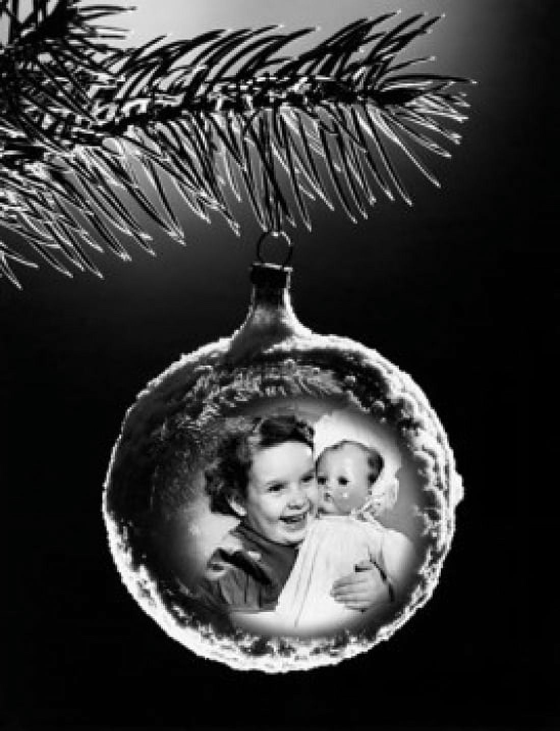 Close-up of an image of a girl hugging a doll superimposed on a Christmas ornament Canvas Art - (18 x 24)