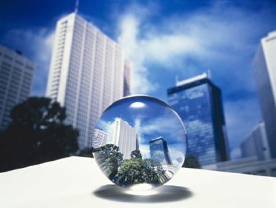 Close up of clear globe with white sky line in center duplicated background Canvas Art - Panoramic Images (24 x 19)