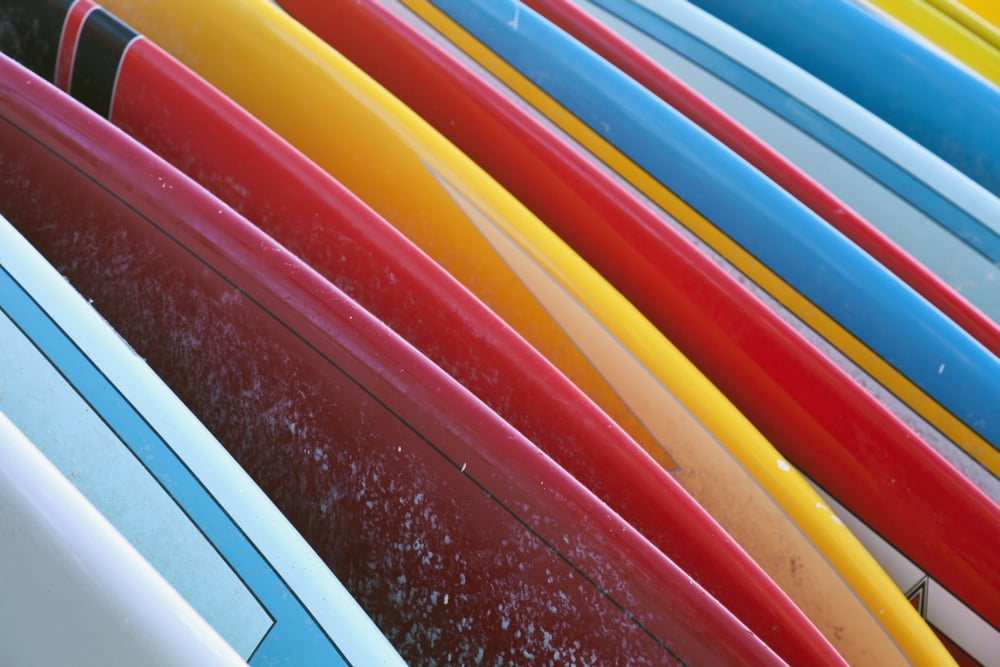 Close up of coloured surfboards lined up Honolulu Oahu Hawaii United States of America Canvas Art - Brandon Tabiolo Design Pics (38 x 24)
