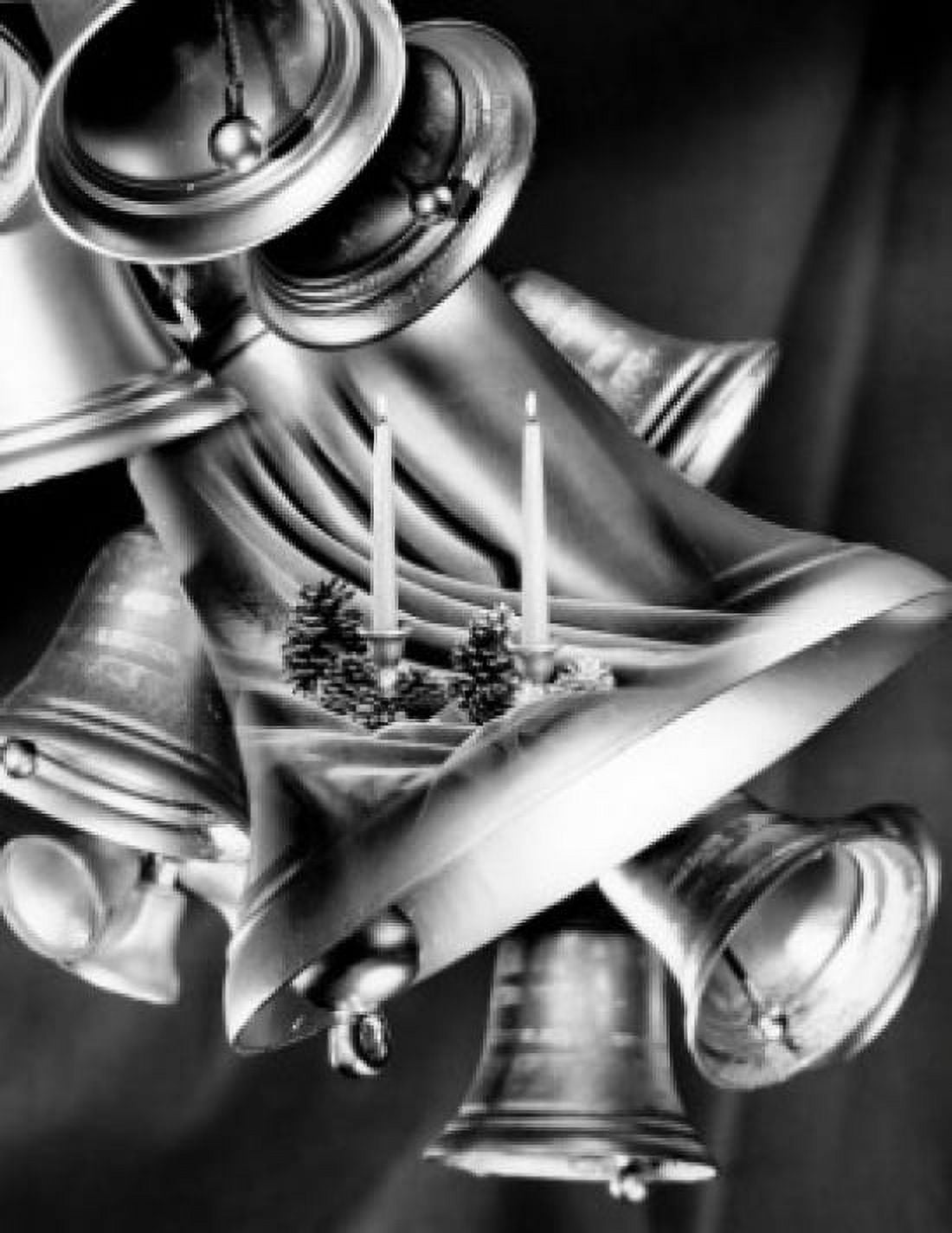 Close-up of two burning candles with pine cones superimposed on Christmas bells Canvas Art - (18 x 24)