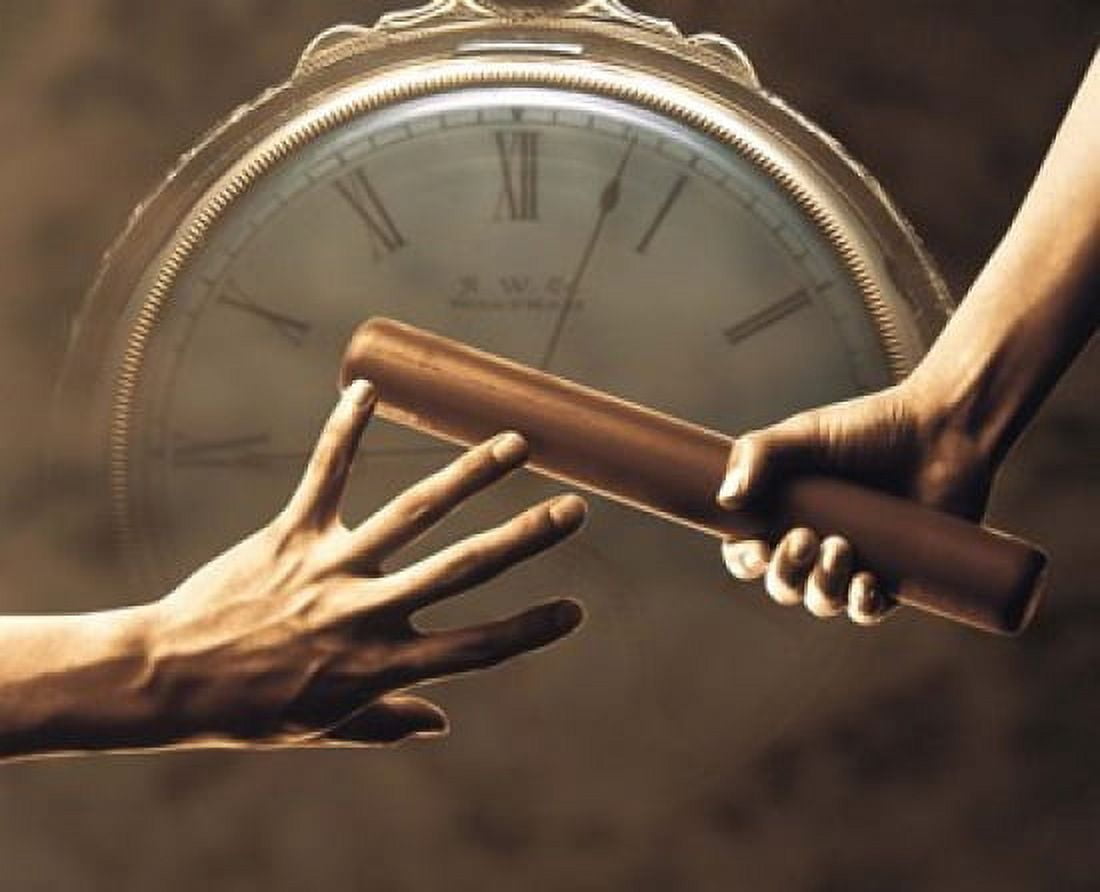 Close up of two runners hands passing the baton in relay race in front of old European clock face Canvas Art - Panoramic Images (16 x 14)