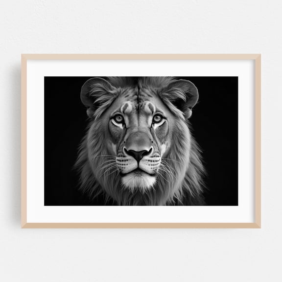 Close-up photograph of a lion. - Photography Black and White Animal Wildlife Portrait Nature Jungle Oak Framed Wall Art Print 20 x 30 inches
