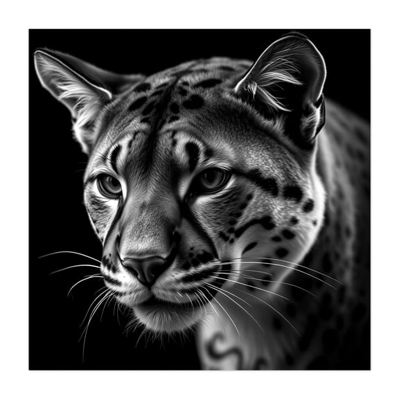 Close-up photograph of a puma - Photography Black and White Wildlife Animal Nature Cat Portrait Illustration Unframed Wall Art Print 6 x 6 inches