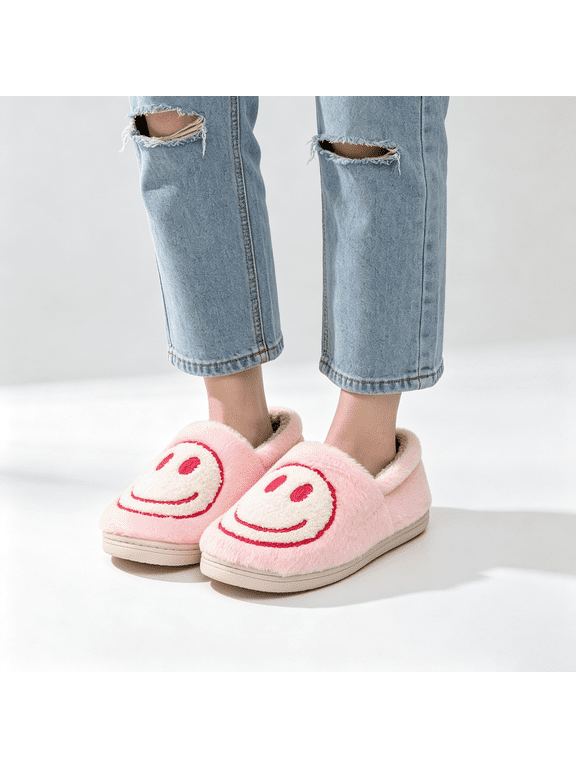 Closed Back Smile Face Slippers for Women & Men Cute Happy Face House Slippers Cozy Warm Fuzzy Slippers Indoor/Outdoor Comfy Memory Foam House Shoes