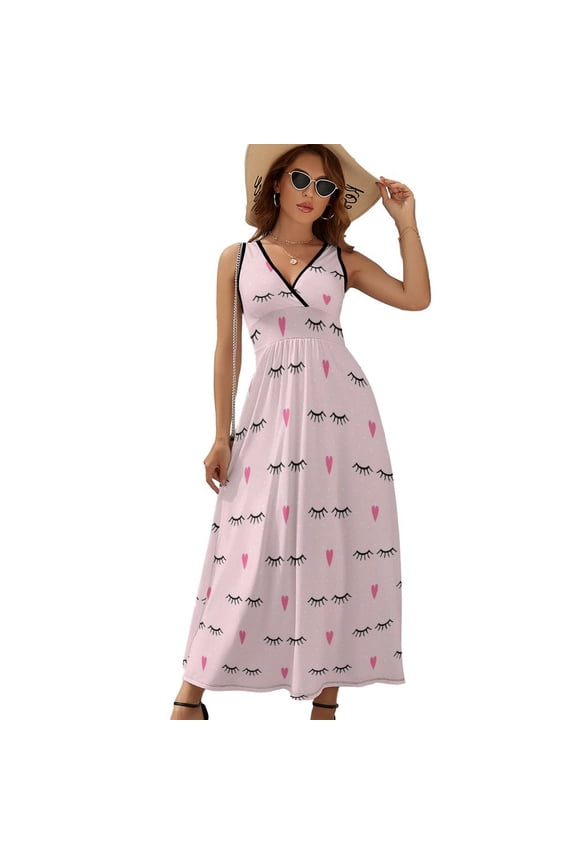 Closed Eyes And Pink Hearts Womens Night Club Maxi Dress V Neck Sleeveless Bohemia Long Dresses
