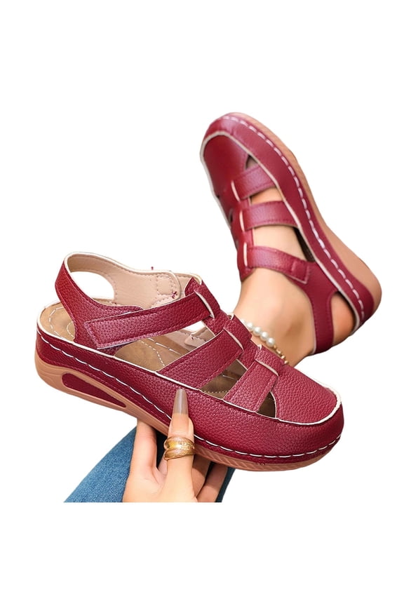 Closed Sandals For Women Hollow Out Breathable Comfy Non-Slip Wedge Shoes Casual Outdoor Walking Footwear (7.5, Red)