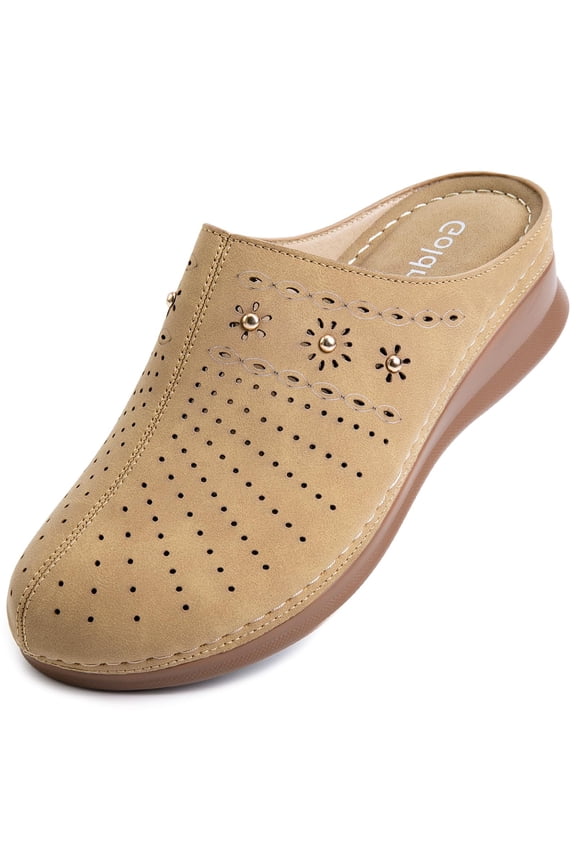 Closed Toe Clogs for Women Slip-On Mules: Comfortable Women's Mule & Clog with Carved Floral Design (Beige,38)