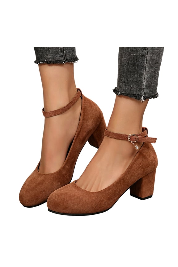 Closed Toe Heels for Women Suede Round Toe Block Heeled Pumps Ankle Strap Work Business Casual Dress Shoes Brown Size 8.5