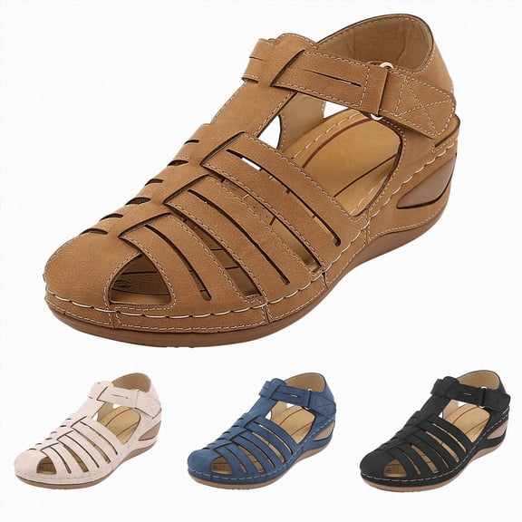 Closed Toe Sandals for Women 2026 Wedge Ankle Strap Fisherman Shoes with Arch Support Platform Orthopedic Wide Width Summer Casual Driving Shoes Beige Size 7.5