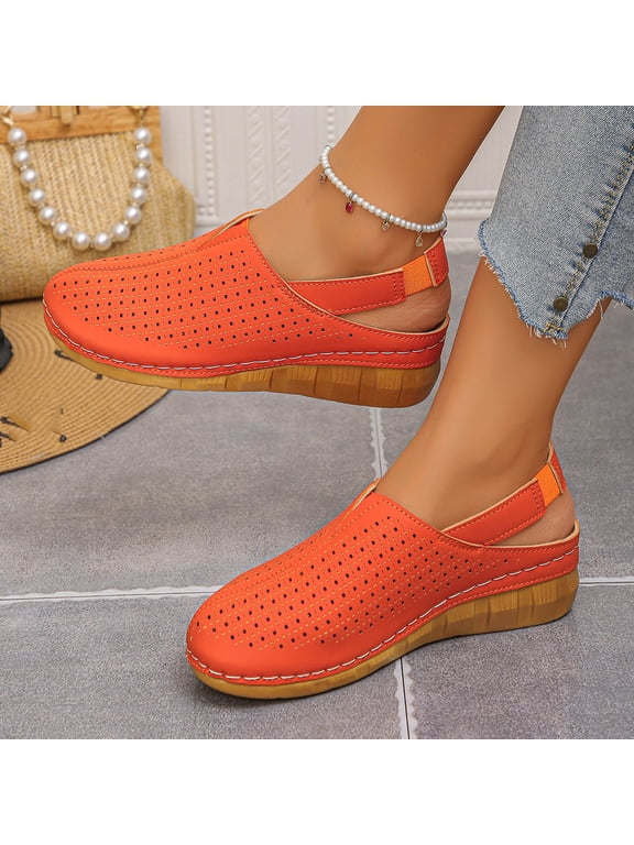 Closed Toe Sandals for Women Ladies Hollow out Shoes Wide Fit Sandals Summer Orthopedic Flats Beach Outdoor Walking Slippers Ballet Round Low Heels Leather Platform Slip On Loafers Orange 9.5